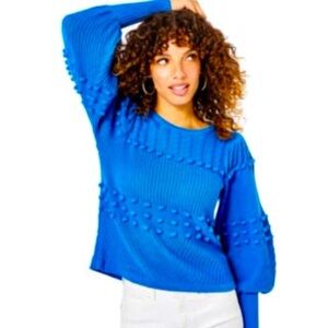 Lilly Pulitzer Royal Blue Cable Knit Pom Pom Size Medium Puff Sleeve Preppy